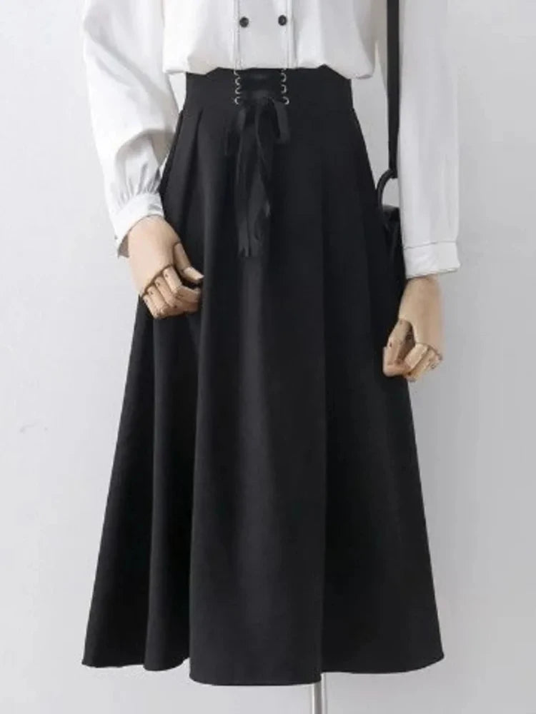 Preppy Style Vintage Long Skirts Women High Waist Sweet Loose A Line Skirt Lace Up Retro Fall Winter Female Elegant Long Skirts