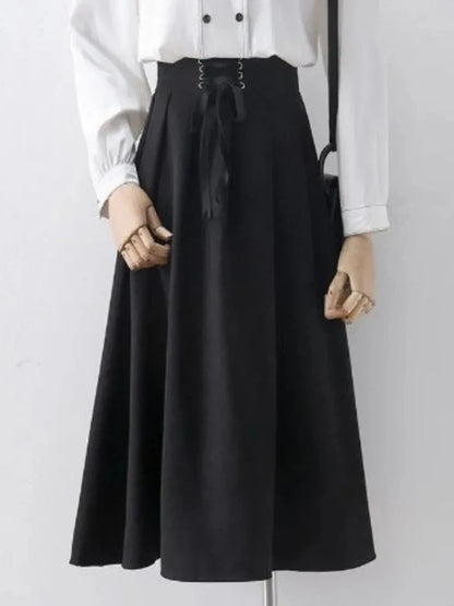 Preppy Style Vintage Long Skirts Women High Waist Sweet Loose A Line Skirt Lace Up Retro Fall Winter Female Elegant Long Skirts