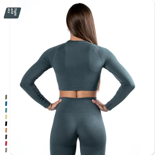 Plus Size Seamless High-Waisted Yoga Suit Long Sleeve Quick Dry Fitness Apparel Women's Promoting Legs Slimming Sportswear.