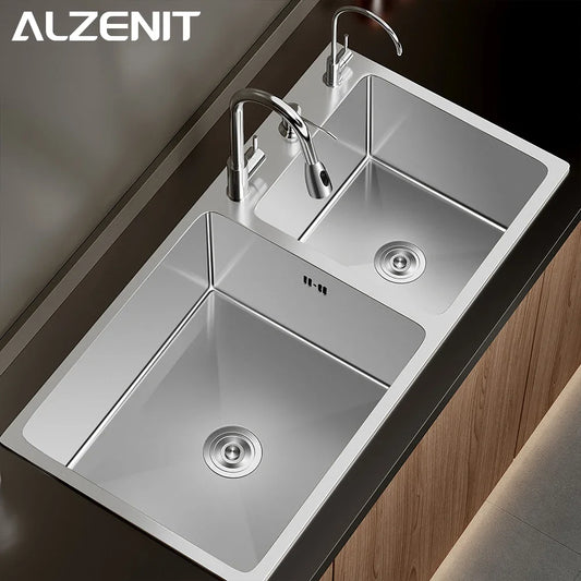 304 Stainless Steel Kitchen Sink Above Counter Undermounter Silver Double Farmhouse Wash Basin with Gourmet Faucet Drainage