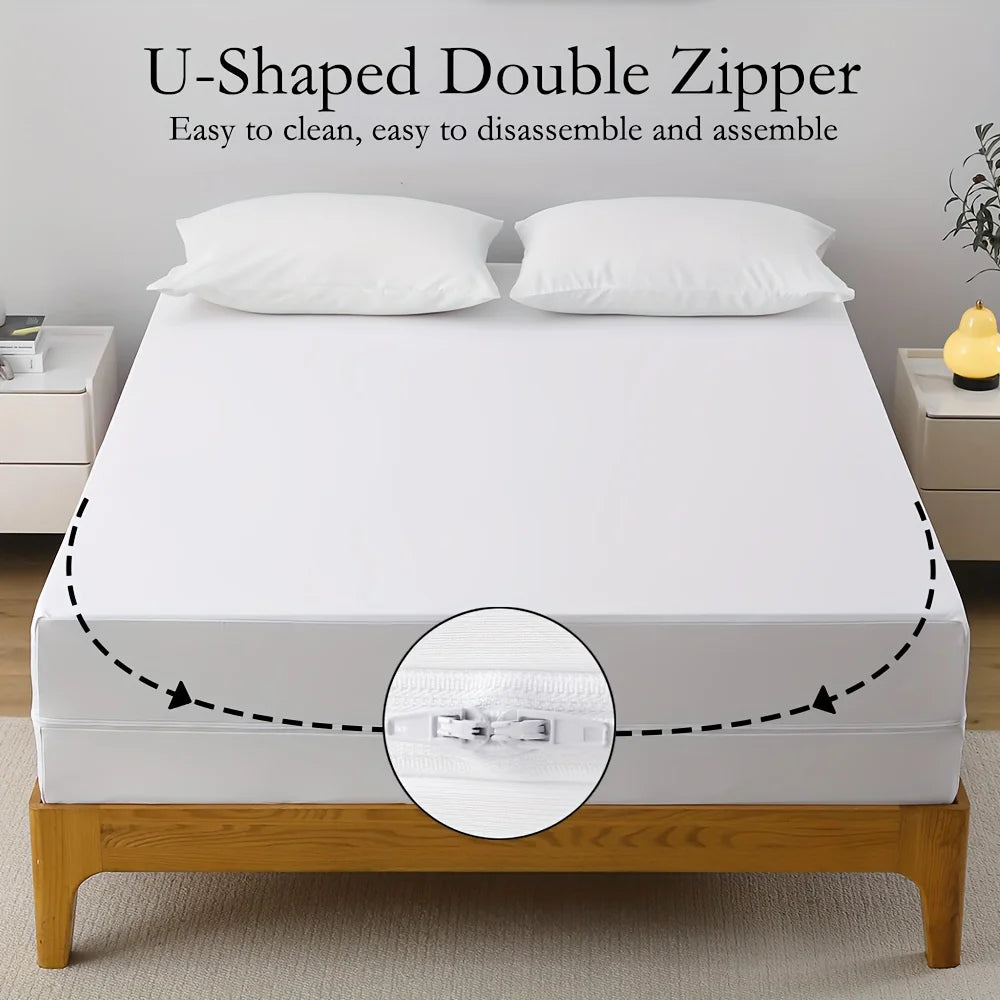 2-Zipper & 6-Side Waterproof Mattress Protector -Ultra Soft Knitted Fabric Breathable Noiseless Mattress Encasement.