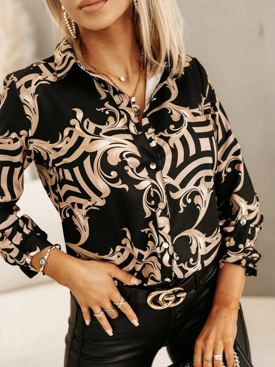 Blue Women's Long-sleeved Shirt, Single-breasted Collar Commuter Shirts, White and Black Slim-fit Top