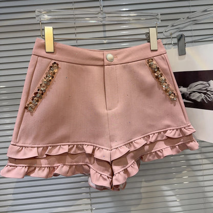 2025 Summer Clothes New Fashion Sequined Beaded Fungus Edge Pants Three-point Shorts Sweet Girls Temperament Short Pants Women.