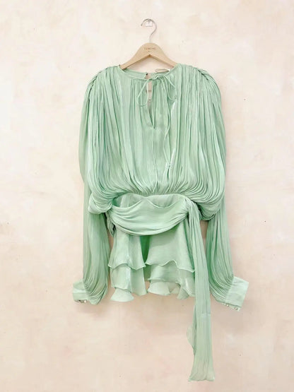 GALCAUR Solide Lose Splicd Lace Up Kleider Für Frauen V-ausschnitt Mit Langen Ärmeln Patchwork Rüschen Tunika Kleider Weibliche Mode Neue