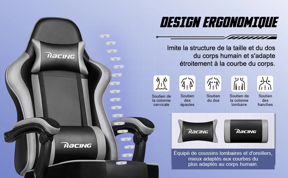 Daccormax Ergonomischer Gaming-Stuhl mit Fußstütze, Liegestuhl 170 ° , Rennstuhl aus PU-Leder mit Lordosenstütze und Kopfstütze