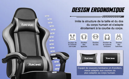 Daccormax Ergonomischer Gaming-Stuhl mit Fußstütze, Liegestuhl 170 ° , Rennstuhl aus PU-Leder mit Lordosenstütze und Kopfstütze