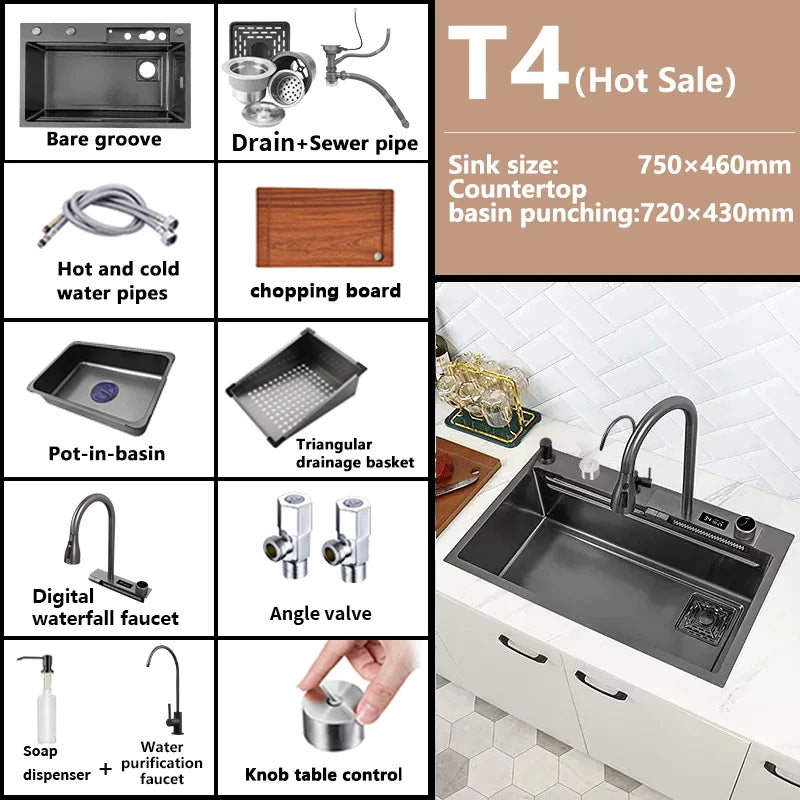 Waterfall Sink Kitchen Stainless Steel Topmount Sink Large Single Slot Wash Basin With Multifunction Touch Waterfall Faucet