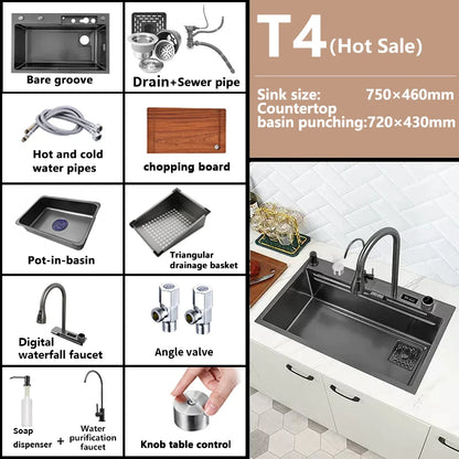 Waterfall Sink Kitchen Stainless Steel Topmount Sink Large Single Slot Wash Basin With Multifunction Touch Waterfall Faucet