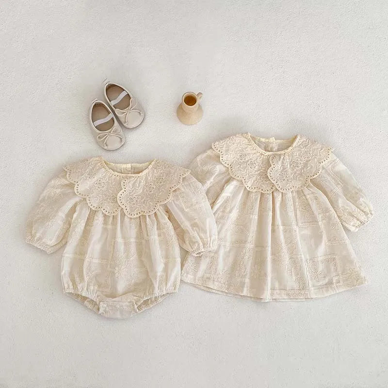 Frühling Baby Body Schwestern Kleid Blume Stickerei Kleid für Kleinkind Mädchen Kleinkind Outfit.