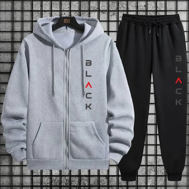 2025 Hot Sale Men 2 Piece Set Zipper Hoodie Streetwear Tracksuit Urban Fashion Outfit Black Letter Print Sweatshirt Sweatpants.