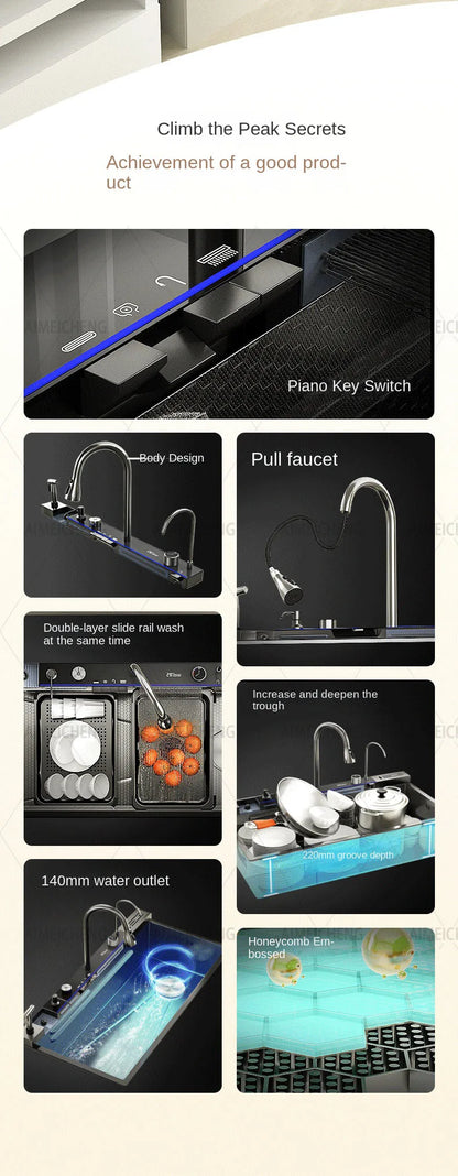 Heißer verkauf Edelstahl Wasserfall Küche Waschbecken Mit Messer Halter Digital Display Wasserhahn Set Geprägte Extra Große Einzigen Slot