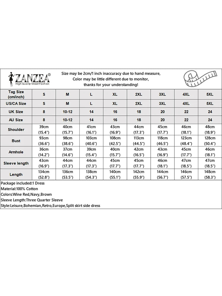 ZANZEA Blumendruck, lässig, lang, Vestidos, reine Baumwolle, Vintage-Stil, Schlitz am Saum, 2024, Herbst-Hemdkleid, 3/4-Ärmel, Damen-Urlaubs-Maxikleid.