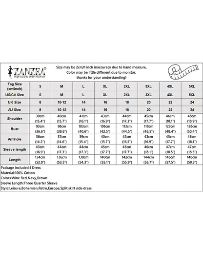 ZANZEA Blumendruck, lässig, lang, Vestidos, reine Baumwolle, Vintage-Stil, Schlitz am Saum, 2024, Herbst-Hemdkleid, 3/4-Ärmel, Damen-Urlaubs-Maxikleid.