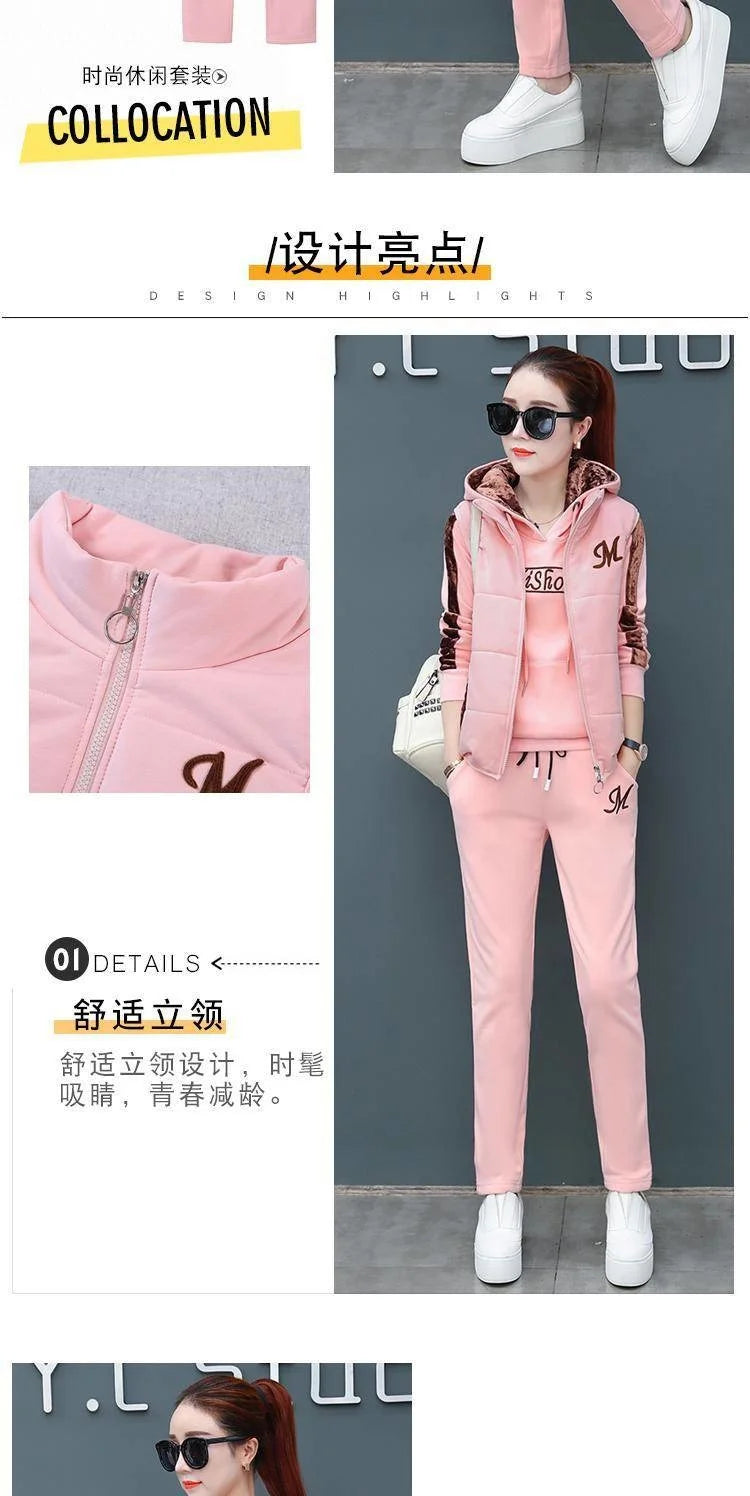 Women's Fashion Plush Thickened Sweat Suit 2025 Autumn Winter New Casual Hooded Tops Waistcoat Pants 3 Three Piece Set For Women.