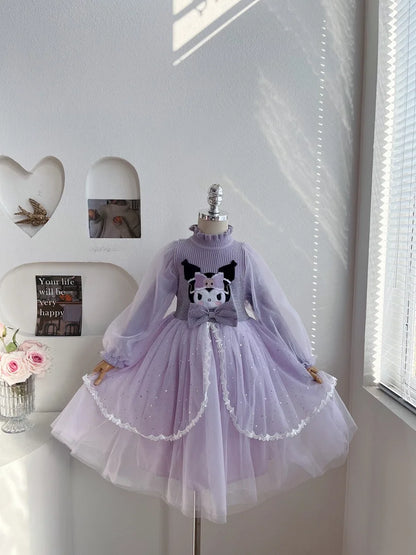 Anime Kuromi Lolita Kleid und Umhang Set Strickpullover Spleißen Mesh Prinzessin Kleid Partykleid Herbst Winter Urlaub Geschenk.