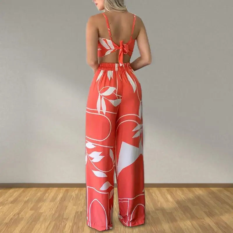 Elegant Two Piece Outfits For Women 2025 Sexy V-Neck Strap Backless Lace-up Slim Crop Top & Wide Leg Pants Sets Summer Lady Suit.