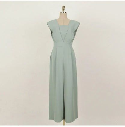 H Han Queen Summer Elegant Business Jumpsuits Women Simple Wide Leg Long Playsuits Korean Sleeveless Casual Rompers Office Lady