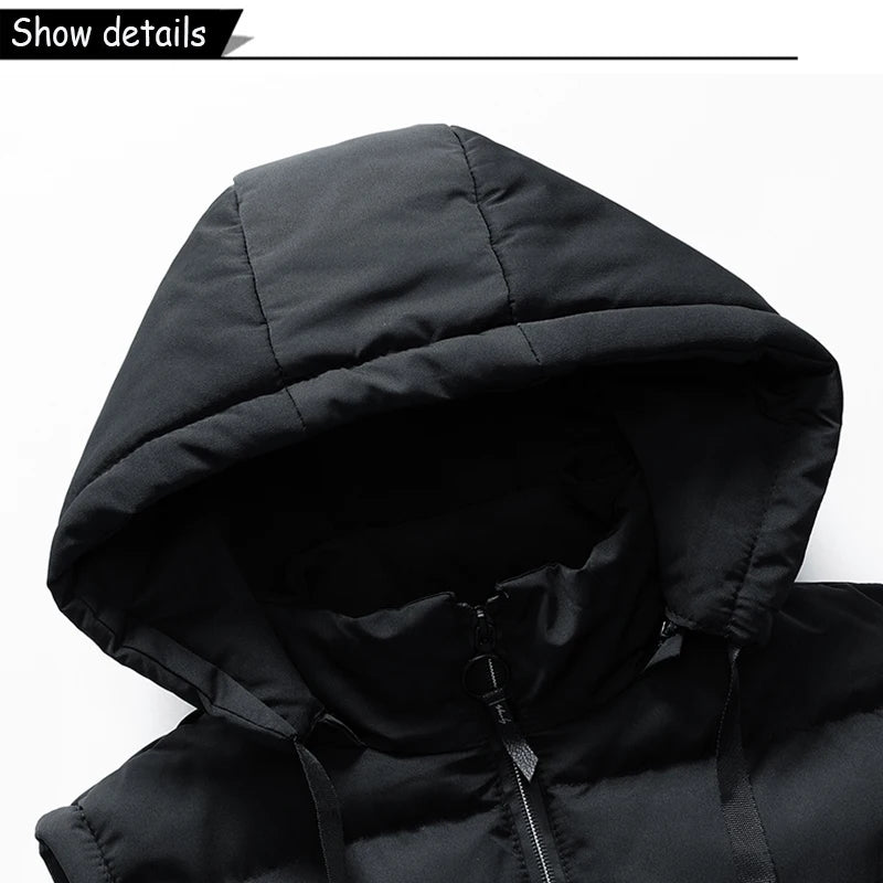 Men Autumn Sleeveless Outdoors Casual Solid Warm Vest Men Winter Detachable Hooded Fleece Pocket Zipper Fashion Vest Male Coat.