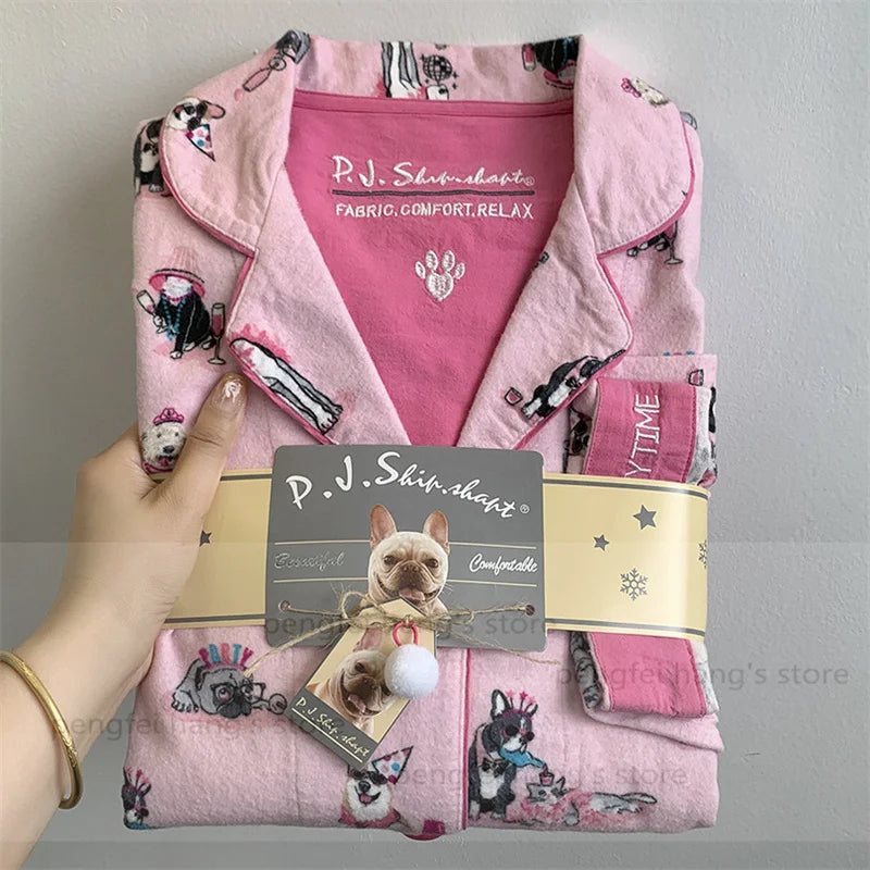 Black Cartoon Sleepwear Long Sleeve Top Pant Soft Cotton Pajamas Suit 2Pcs Embroider Letter Homewear Lady Autumn Loungewear.