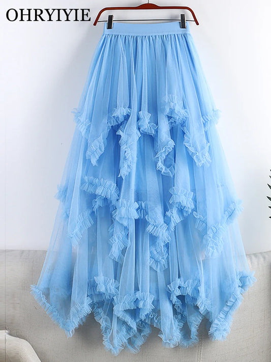 Autumn Winter New 2025 Irregular Cake Tulle Skirt Women Sweet Midi Long High Waist A Line Skirt Female Mesh Party Skirt Lady.