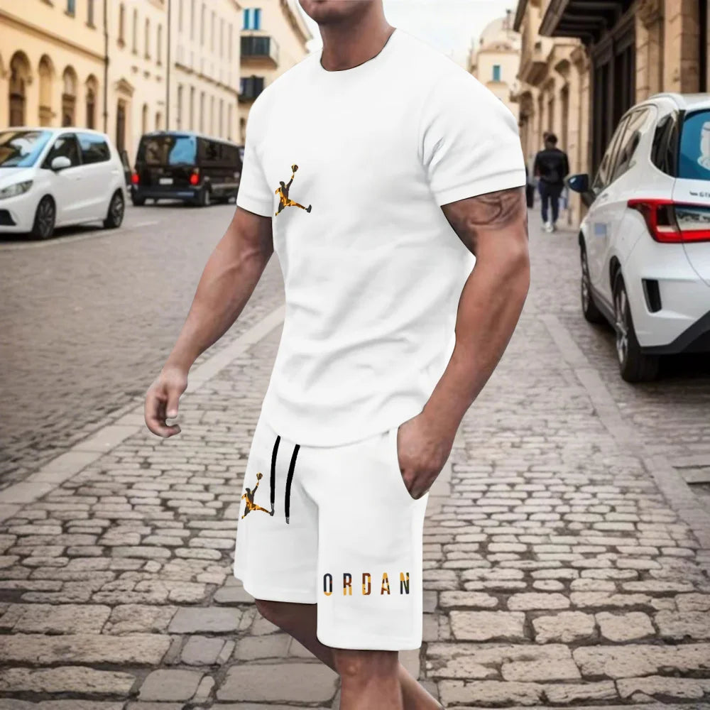 New men's fashionable casual clothing summer sports round neck short-sleeved T-shirt and drawstring shorts breathable suit.