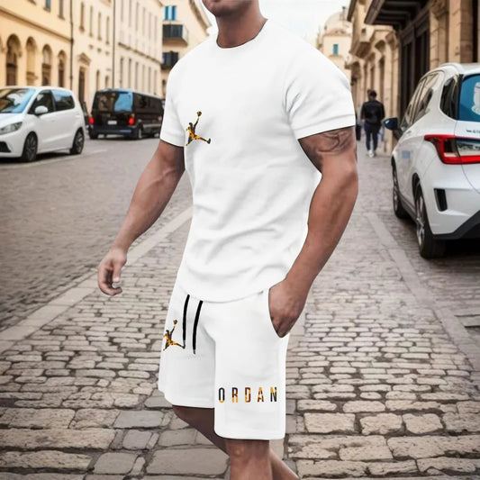 New men's fashionable casual clothing summer sports round neck short-sleeved T-shirt and drawstring shorts breathable suit.