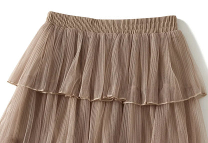 Beiyingni Woman Mesh Long Midi Cake Skirt Solid Color Elegant French Tiered Fairy Tulle Skirts Khaki Casual High Waist Faldas