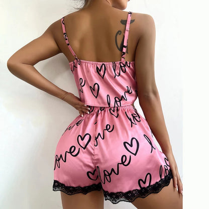 2 teile/satz Pyjama Anzug für Frauen Sexy Nette V-ausschnitt Spitze Liebe Herz Gedruckt Hosenträger Tops Shorts Nighty Nachtwäsche Homewear set.