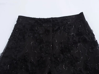 MUJER Sequin Pants Sets for Women 2 Pieces Flower Women's Pants Blazer Suits 2 Pieces Sets Women Outfit Semi Sheer Trousers Sets.