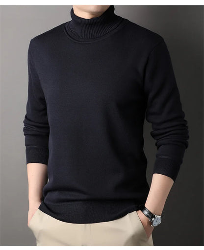 Men's Autumn Winter New Turtleneck Sweater Warm Cozy Solid Color Casual Bottom Knitted Pullovers Male Fashion Knitwear