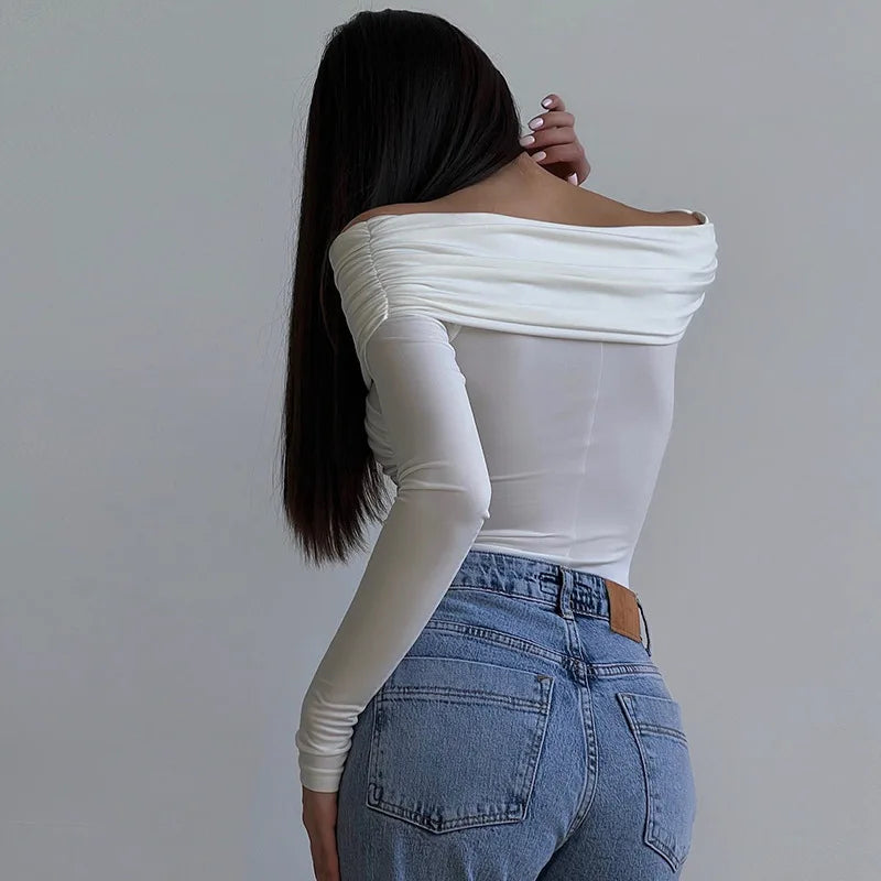 Sexy Off Shoulder Bodysuits Women Fashion Black Crossed Folds Skinny Rompers Long Sleeve Fashion Streetwear Autumn Bodysuits New.