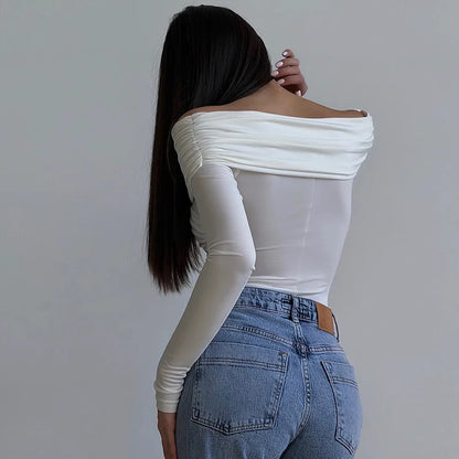 Sexy Off Shoulder Bodysuits Women Fashion Black Crossed Folds Skinny Rompers Long Sleeve Fashion Streetwear Autumn Bodysuits New.