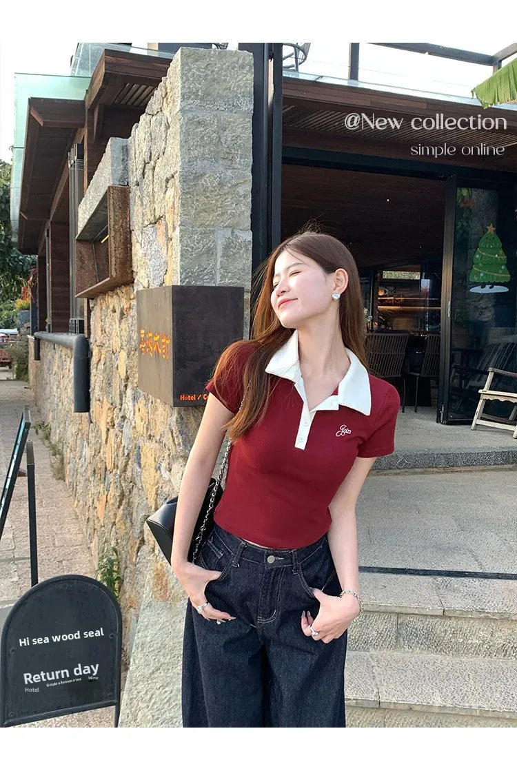 Women's Slim Fit Short Sleeve Polo Shirt Summer New Color Collision Design Red T-Shirt Top Fashionable Casual Business Wear