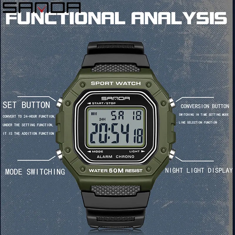 SANDA 2156 Fashion Mens Watch Military Water Resistant Sport Watches Army Big Dial Led Digital Wristwatches Stopwatches For Male.