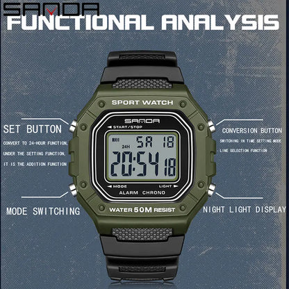 SANDA 2156 Fashion Mens Watch Military Water Resistant Sport Watches Army Big Dial Led Digital Wristwatches Stopwatches For Male.