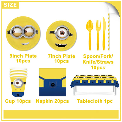 Cartoon M & Minions Geburtstag Party Dekoration Einweg Geschirr Tasse Teller Tischdecke Luftballons Gelb Große Augen Hintergrund Banner