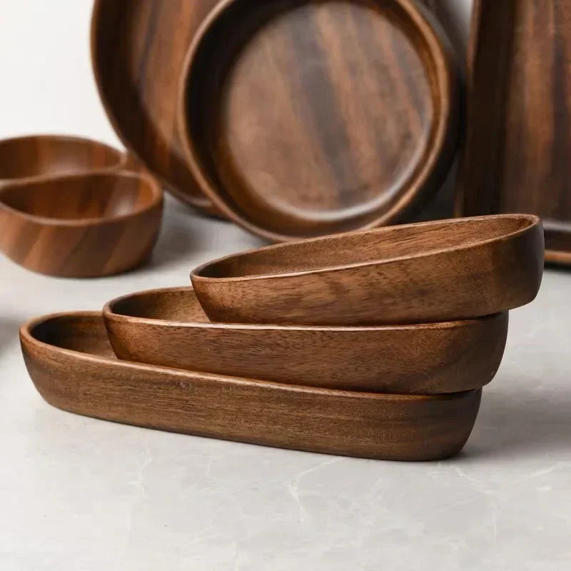 Solid Wood Tray Acacia Wood Premium Kung Fu Tea Small Tray Fruit Snacks Nuts Dessert Plate Desktop Storage Tableware.