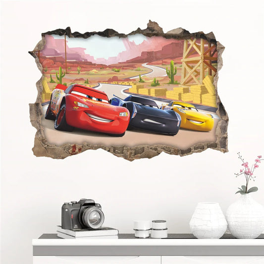 3d Macqueen Cars Broken Hole Wall Sticker For Kids Bedroom Home Decoration Cartoon Anime Mural Art Pvc Movie Poster Boys Decals.