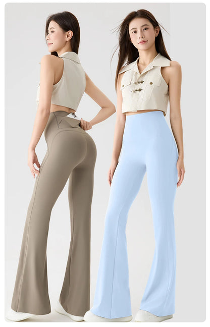 BIVIGAOS Naked Feeling Back Waist Pocket Sharkskin Micro Flared Leggings Women's Tight Sexy Sports Fitness Yoga Casual Pants.