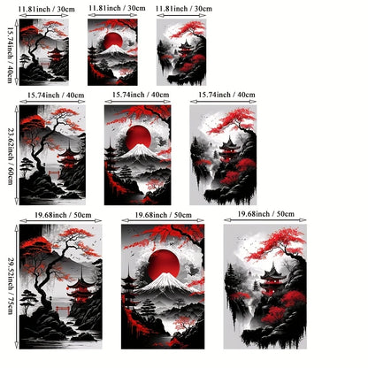 3pcs Frameless Japanese Natural Landscape Canvas Painting Black And Red Posters Vintage Ink Art Wall Prints For Living Room Home.