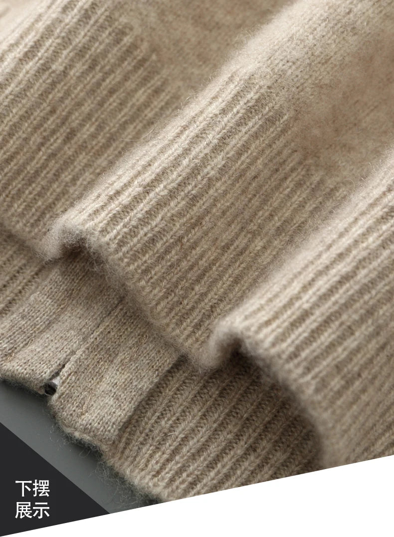 100% Merino Wool Men's Warm Sweater Mock Collar Thickened Zippered Cardigan Autumn Winter New Cashmere Knitted Long Sleeve Tops.