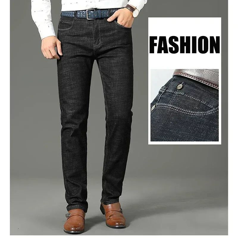 Men Fashion Stretch Jeans Male Classic Business Slim Fit Straight Leg Denim Trousers Solid Casual Long Pants.