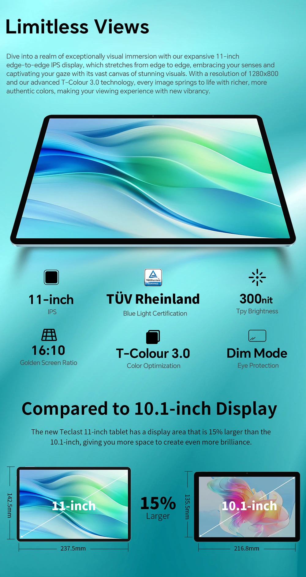 Teclast P50 Android 14 Tablet 11" IPS Max 14GB RAM 128GB ROM Unisoc T606 8-core 13MP Camera 8000mAh Type-C 4G LTE TÜV Rheinland.