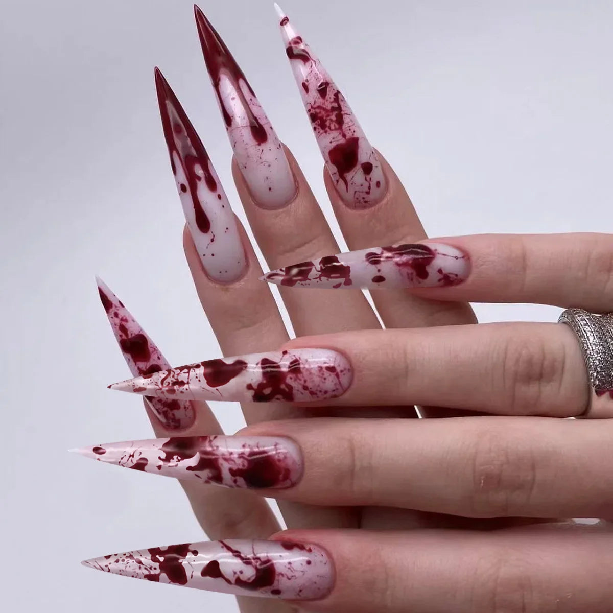 24pcs Blood Splatter Press-On Nails Set Almond-Shaped Long Length Glossy Finish Red and White Faux Nail Kit for Women Halloween.