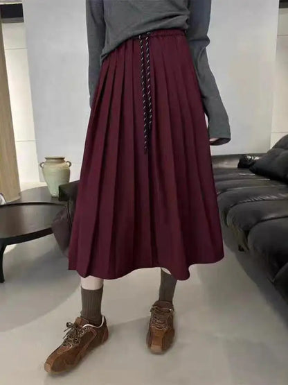 Autumn Women's Solid Color High Waist Pleated A Line Long Skirt Korean Fashion College Style Drawstring Lace-up Skirt 2024 Trend.