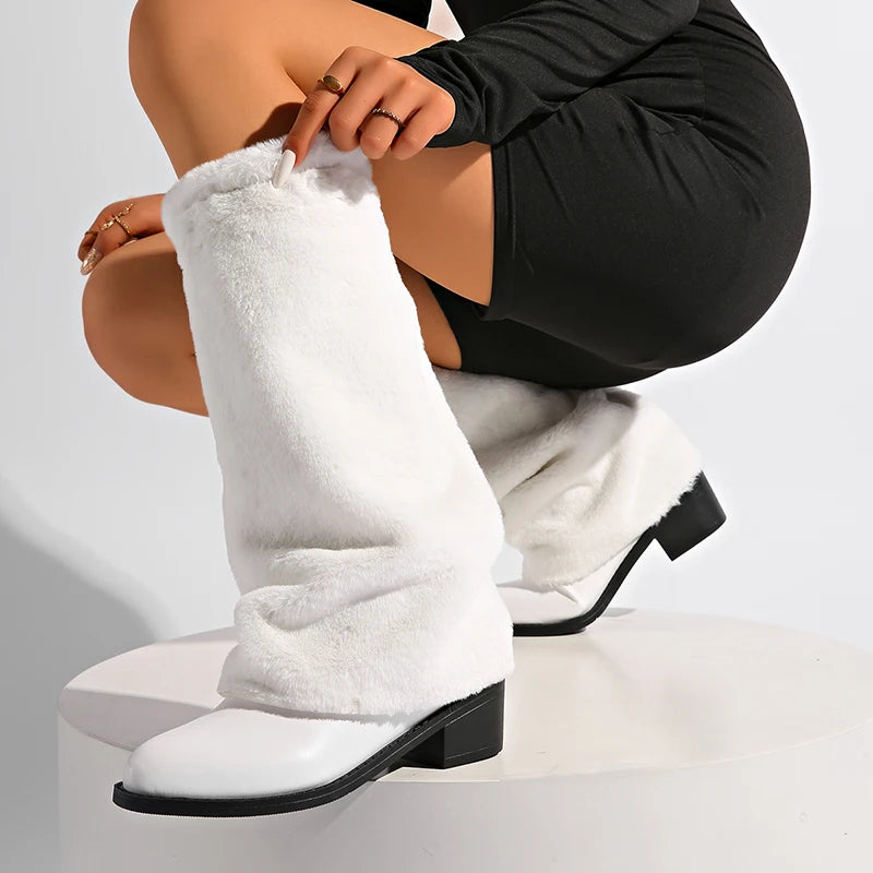 Luxury White Faux Wool Knee High Boots Women Winter Soft Plush Straight Tube Boots Woman Fashion Slip On Block Heel Long Botas.