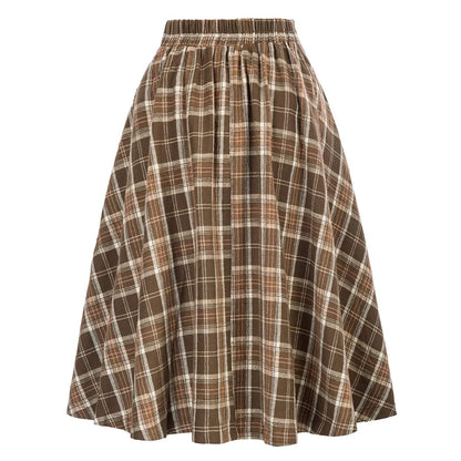 SISHION 2025 Autumn New A Line Swing Buttons Long Midi Vintage Skirt SS0037 Red Green High Waist Plaid Skirts for Women Jupe.