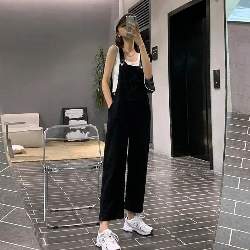 Jumpsuits Women Solid Retro Japanese Style Streetwear Denim Suspenders Trousers Harajuku Stylish Hip Hop Straight Overalls Teens.