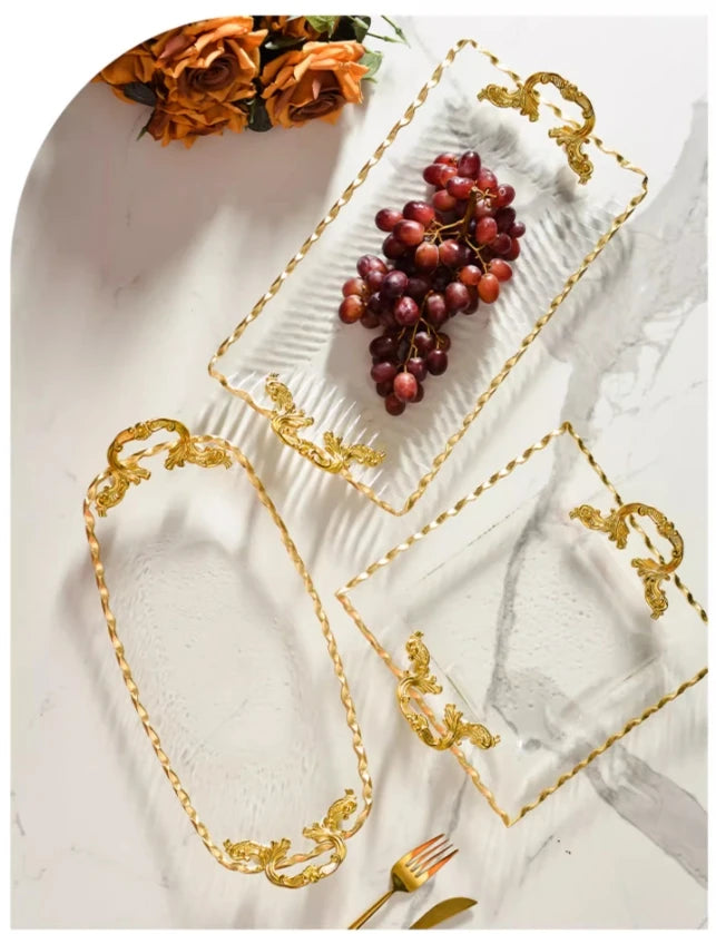 Gold-rimmed Glass Plates, Luxury Fruit Plates, Snacks, Cakes, Snacks, Bread Tray, Binaural Glass Plates, Rectangular Trays.