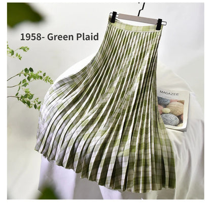 Looks Thin Pleated Skirt 2025 New High Waist A-line Skirt Mid-length Big Size Plaid Skirt Long Pleated Skirt Length 75-90cm